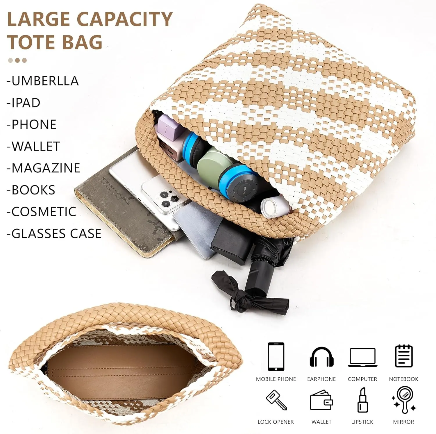 Woven Tote Bag for Women, Fashion Woven Bags for Women Vegan Leather Shoulder Handbags Large Summer Beach Travel Bag