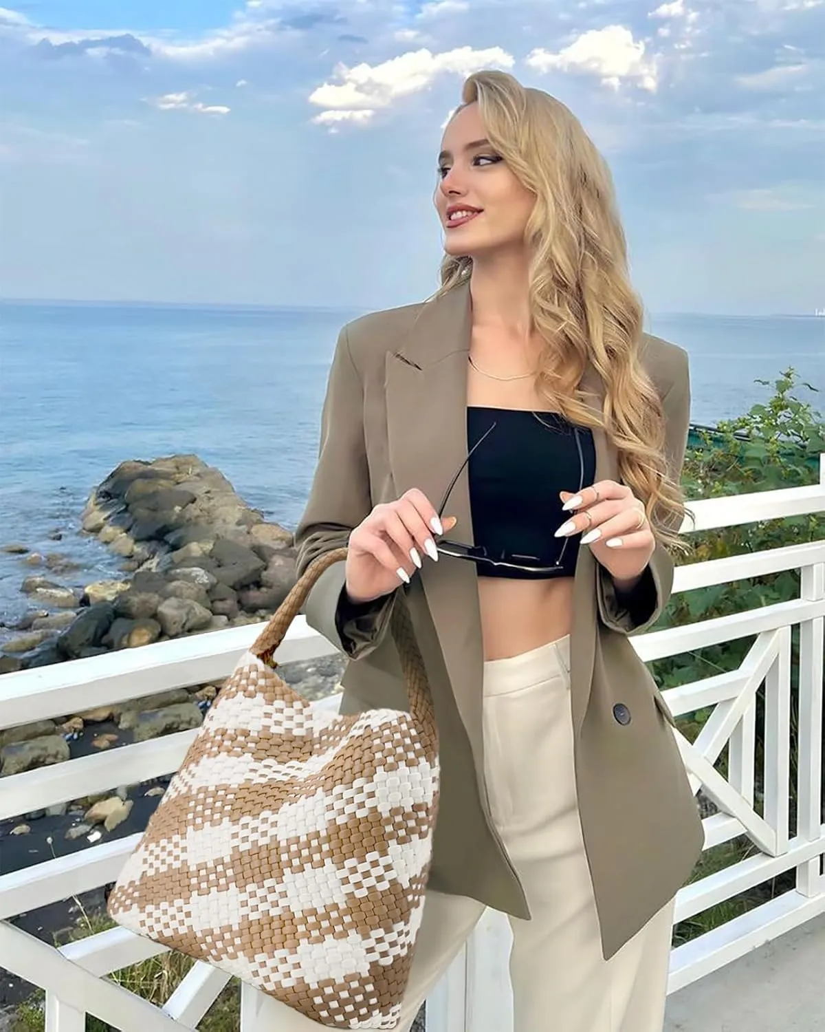 Woven Tote Bag for Women, Fashion Woven Bags for Women Vegan Leather Shoulder Handbags Large Summer Beach Travel Bag