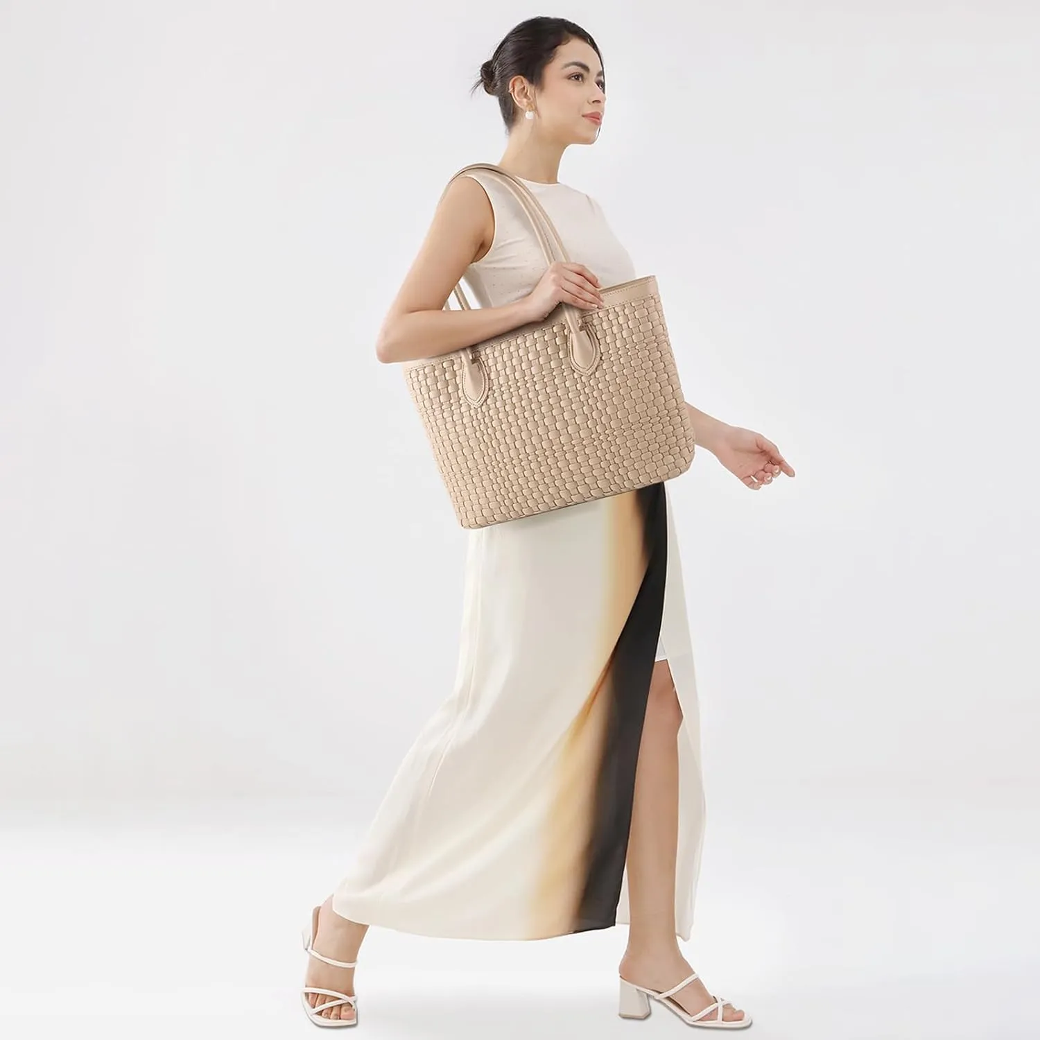 Woven Tote Bag For Women Hand Make Vegan Leather Shoulder Bag Handbag Zip Closure Beach Tote Travel Hand Bag