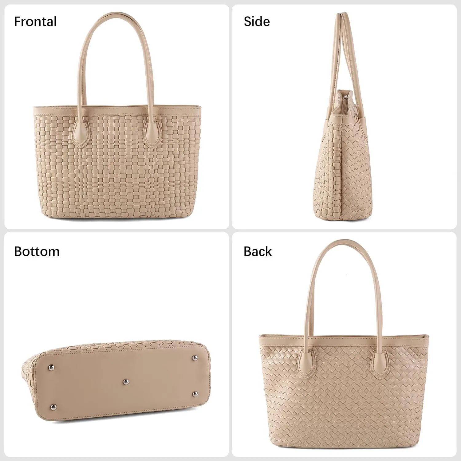 Woven Tote Bag For Women Hand Make Vegan Leather Shoulder Bag Handbag Zip Closure Beach Tote Travel Hand Bag