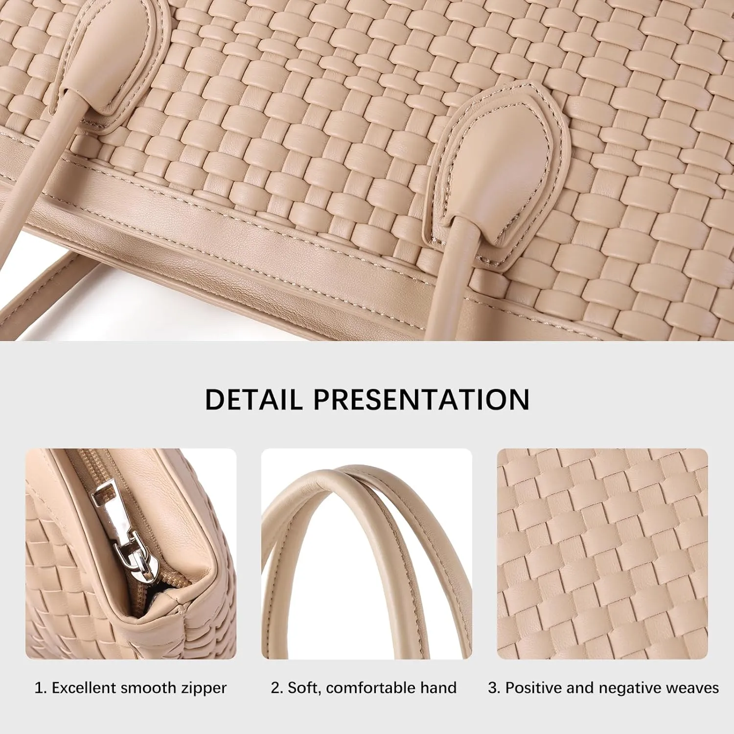 Woven Tote Bag For Women Hand Make Vegan Leather Shoulder Bag Handbag Zip Closure Beach Tote Travel Hand Bag