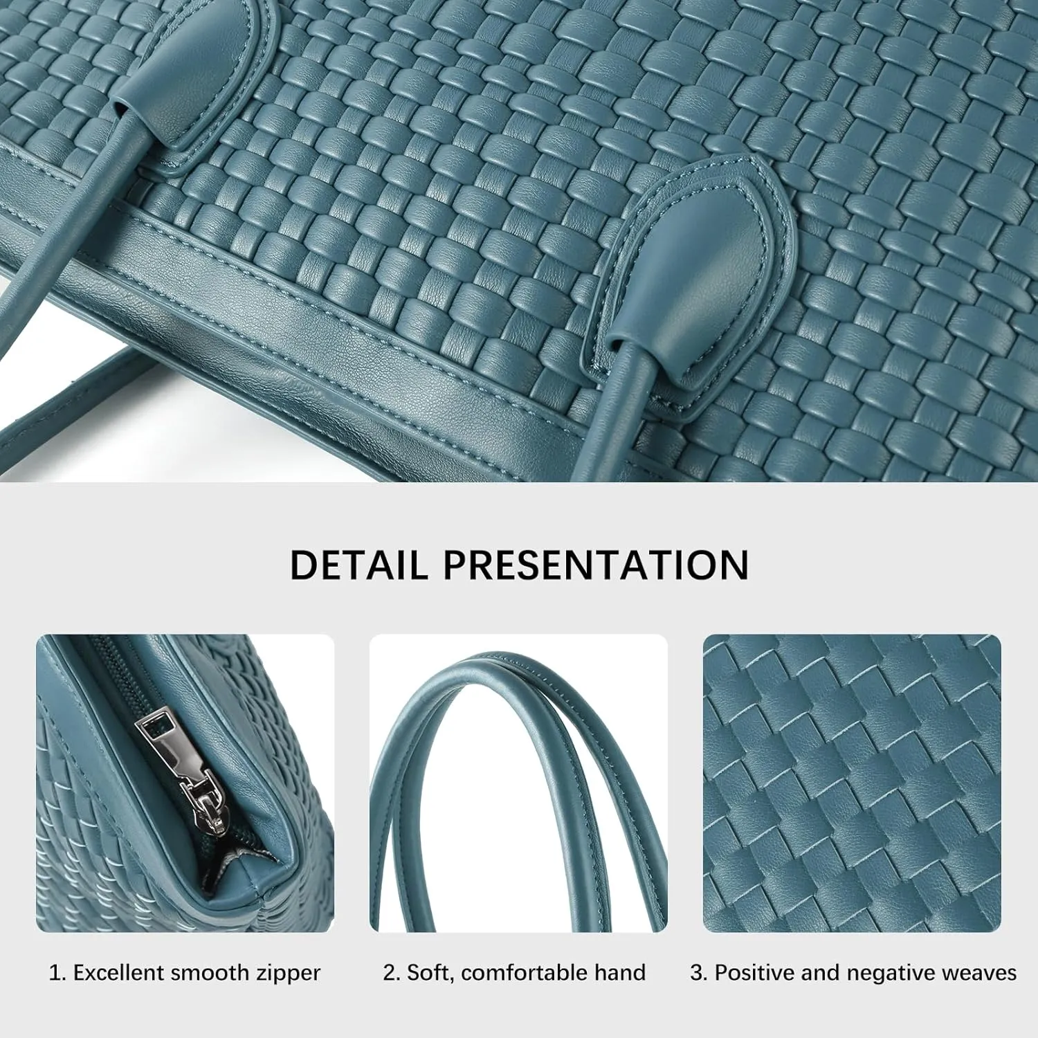 Woven Tote Bag For Women Hand Make Vegan Leather Shoulder Bag Handbag Zip Closure Beach Tote Travel Hand Bag