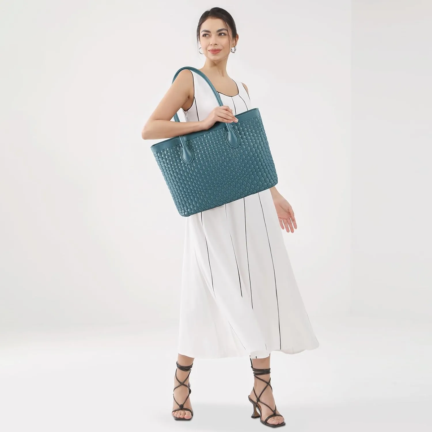 Woven Tote Bag For Women Hand Make Vegan Leather Shoulder Bag Handbag Zip Closure Beach Tote Travel Hand Bag