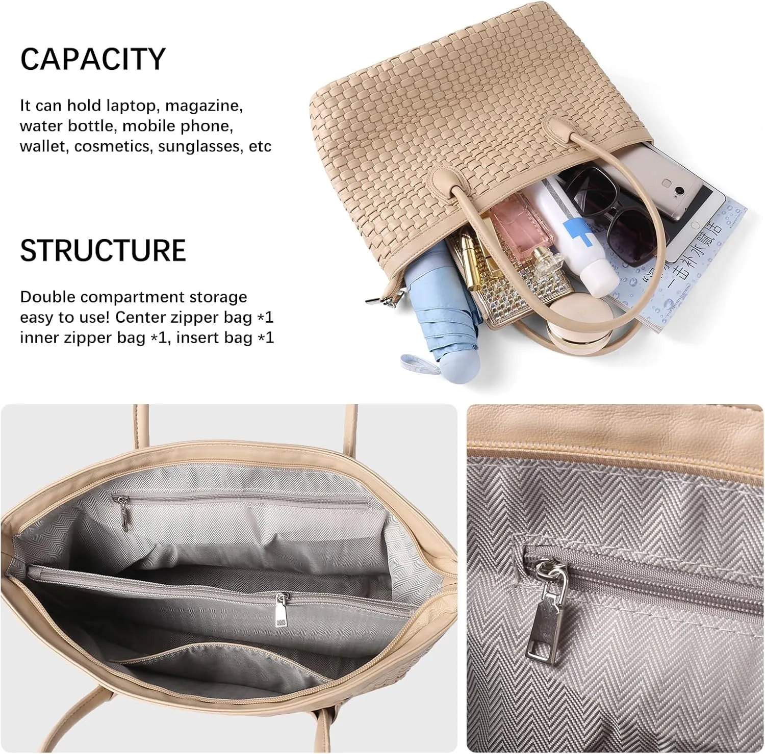 Woven Tote Bag For Women Hand Make Vegan Leather Shoulder Bag Handbag Zip Closure Beach Tote Travel Hand Bag