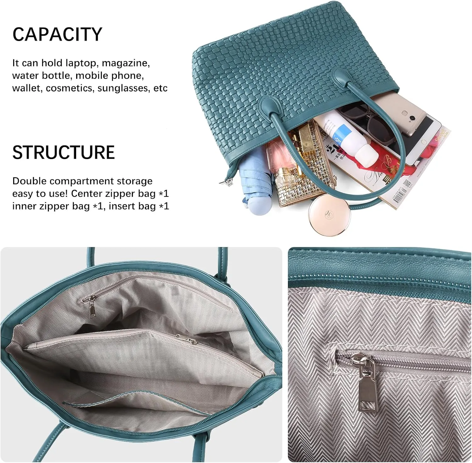 Woven Tote Bag For Women Hand Make Vegan Leather Shoulder Bag Handbag Zip Closure Beach Tote Travel Hand Bag