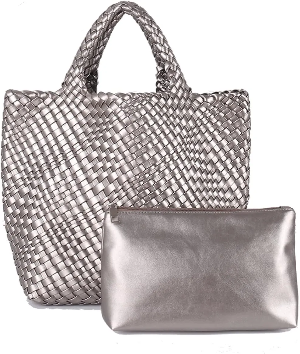 Woven Vegan Leather Handmade Tote for Women - Summer Beach Travel Hand Bag, Purse, Satchel Handbag