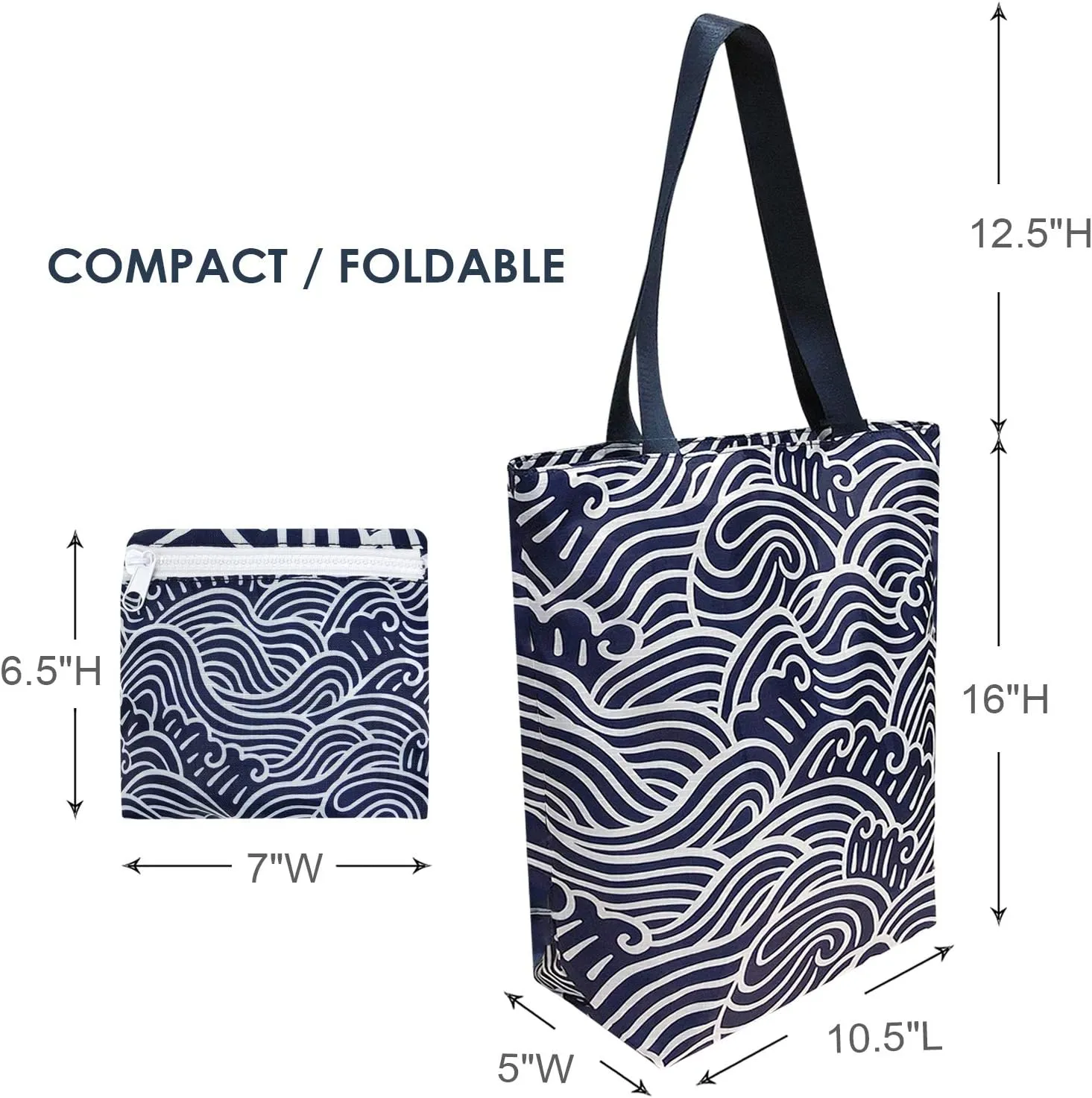 Wrapables Carryall Shopping Travel Tote Bag with Durable Ripstop Polyester - Foldable, Waterproof, and OEKO-TEX Certified, Small, Navy Swirls
