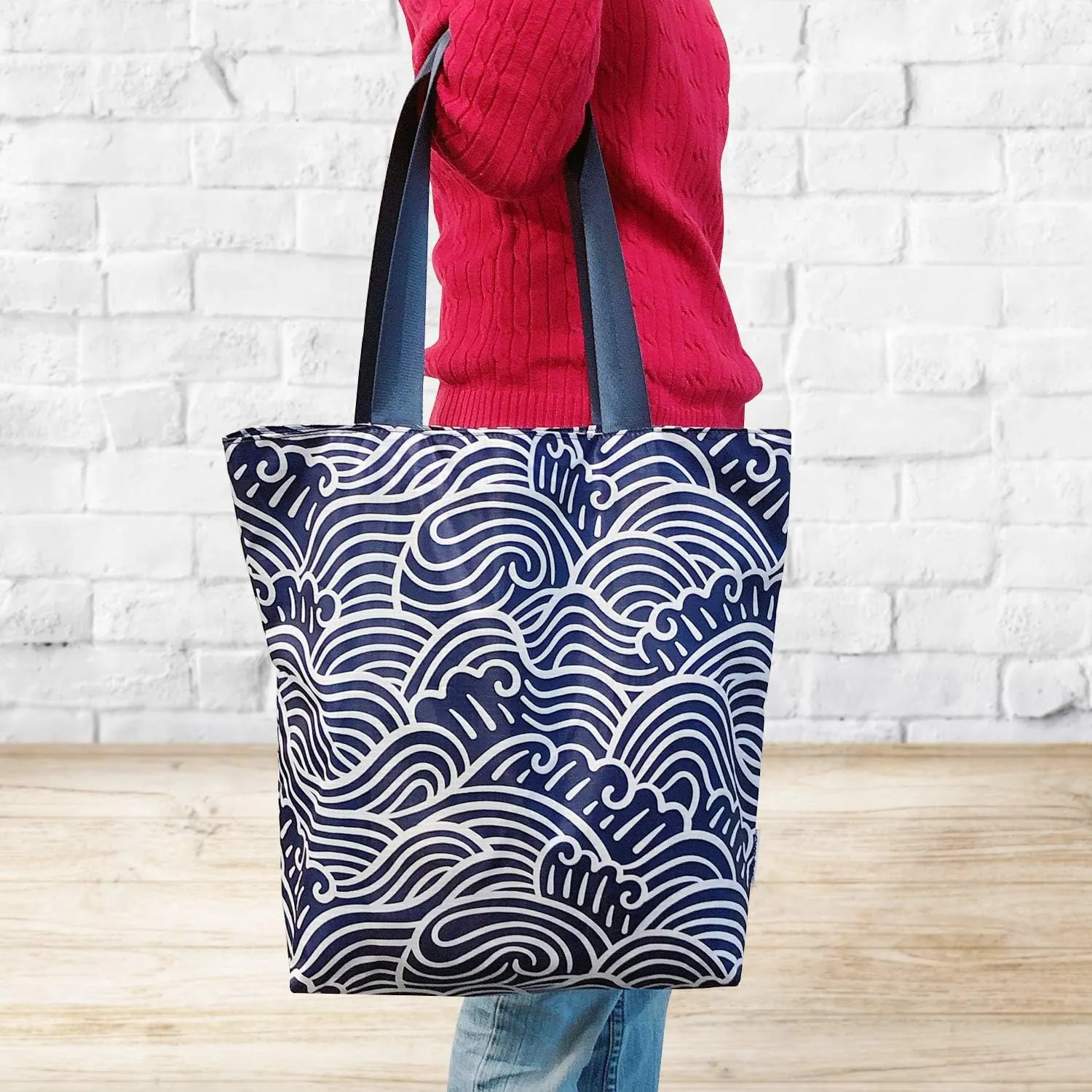 Wrapables Carryall Shopping Travel Tote Bag with Durable Ripstop Polyester - Foldable, Waterproof, and OEKO-TEX Certified, Small, Navy Swirls