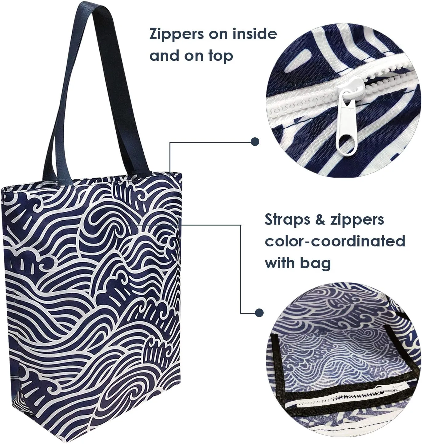 Wrapables Carryall Shopping Travel Tote Bag with Durable Ripstop Polyester - Foldable, Waterproof, and OEKO-TEX Certified, Small, Navy Swirls