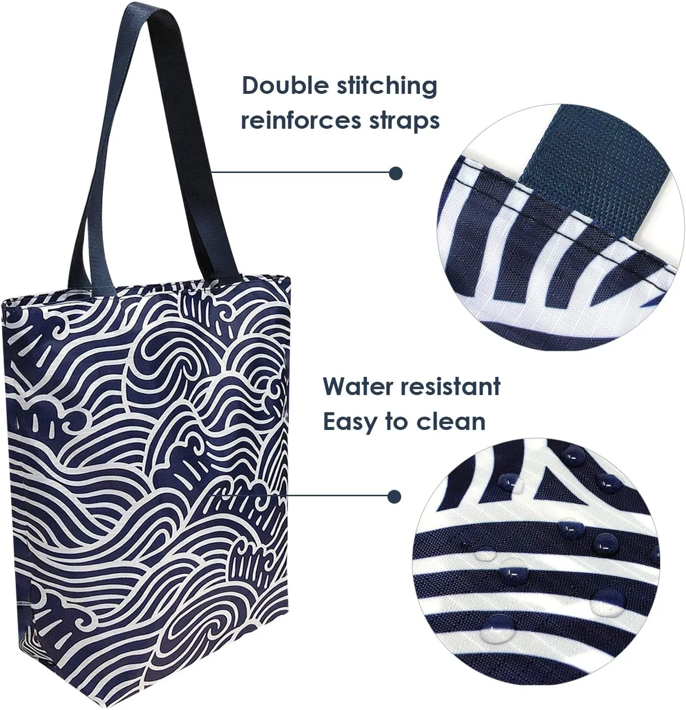 Wrapables Carryall Shopping Travel Tote Bag with Durable Ripstop Polyester - Foldable, Waterproof, and OEKO-TEX Certified, Small, Navy Swirls