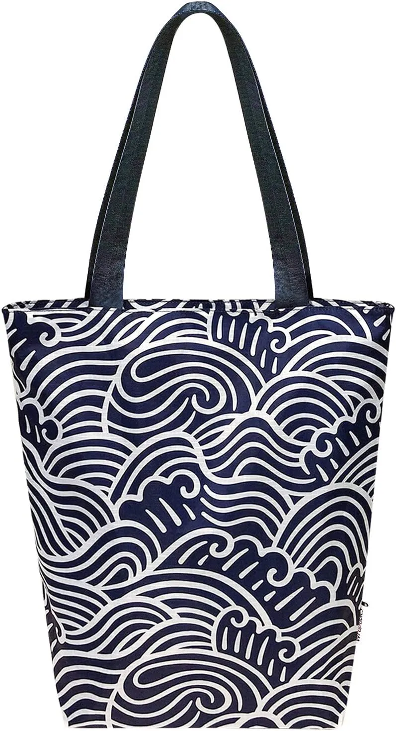 Wrapables Carryall Shopping Travel Tote Bag with Durable Ripstop Polyester - Foldable, Waterproof, and OEKO-TEX Certified, Small, Navy Swirls