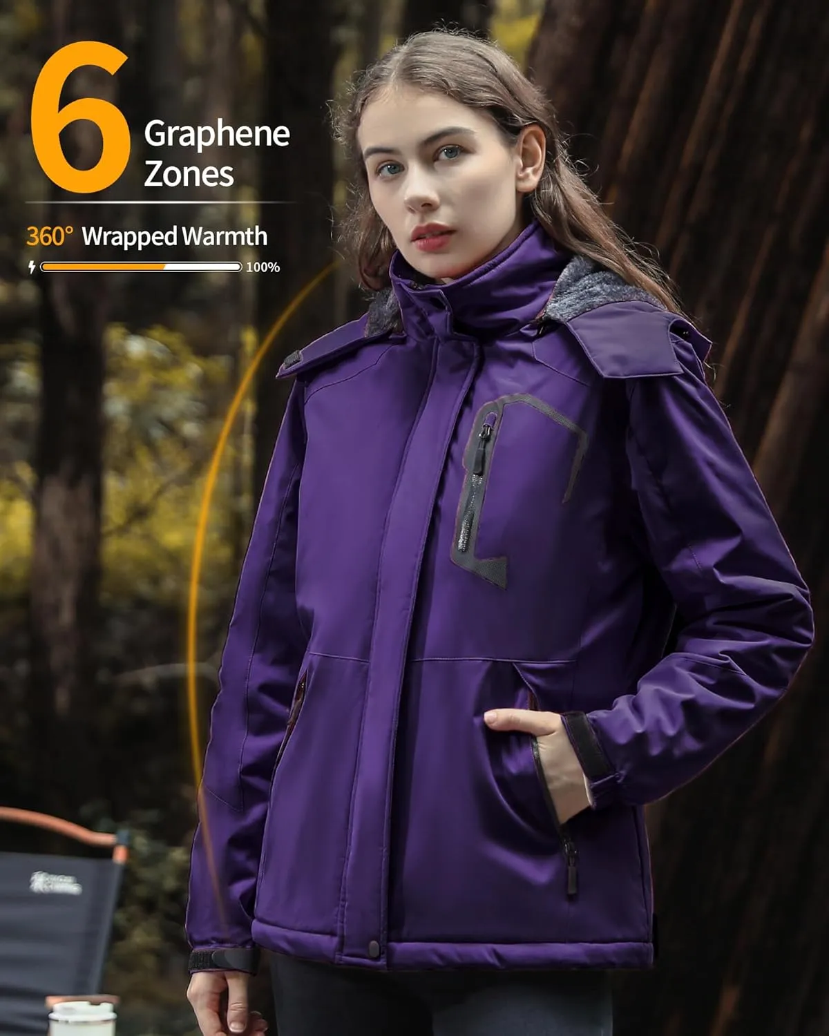 Wulcea Graphene Heated Jacket for Women Fur Lined with Large Capacity Battery Pack
