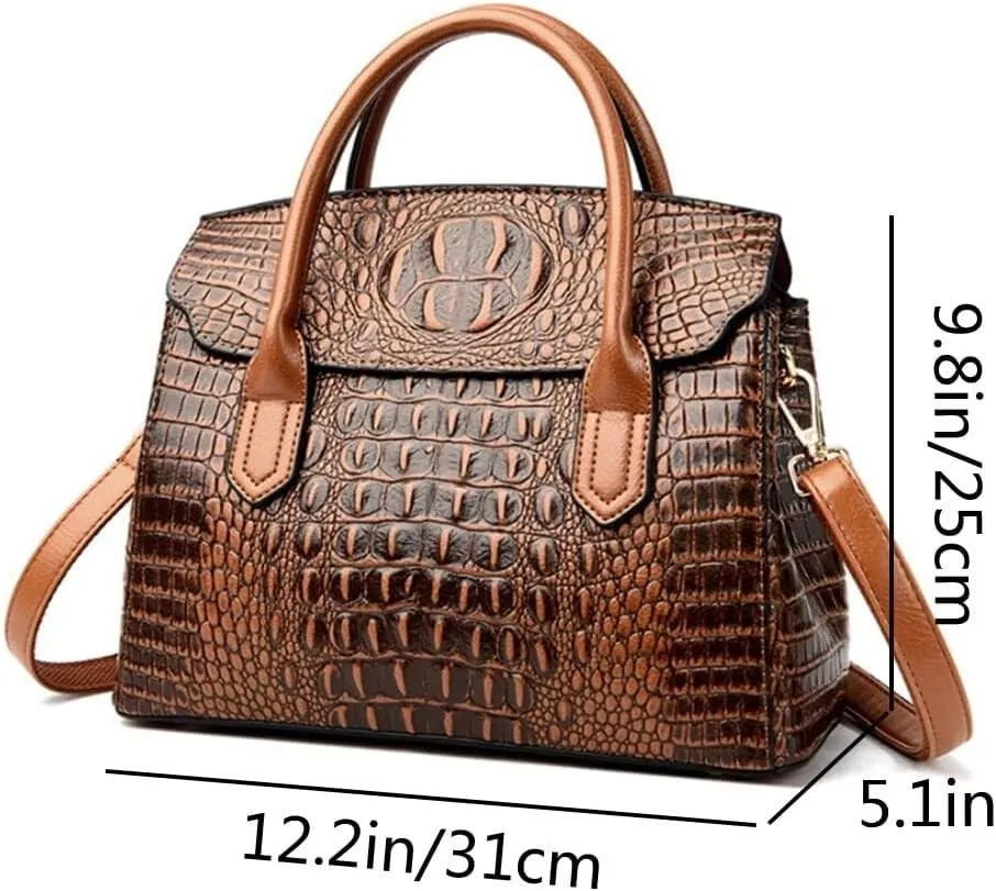 XXGJOALD-Satchel Tote Purse for Women Crocodile Pattern Embossed Top-handle Handbags Fuax Leather Shoulder Bag