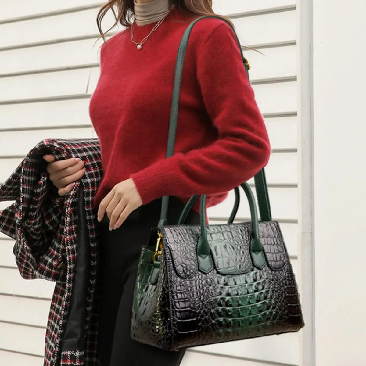 XXGJOALD-Women Satchel Bag PU Leather Crocodile-Embossed Pattern With Top Handle Shoulder Bags Handbags Fashion Purses Totes