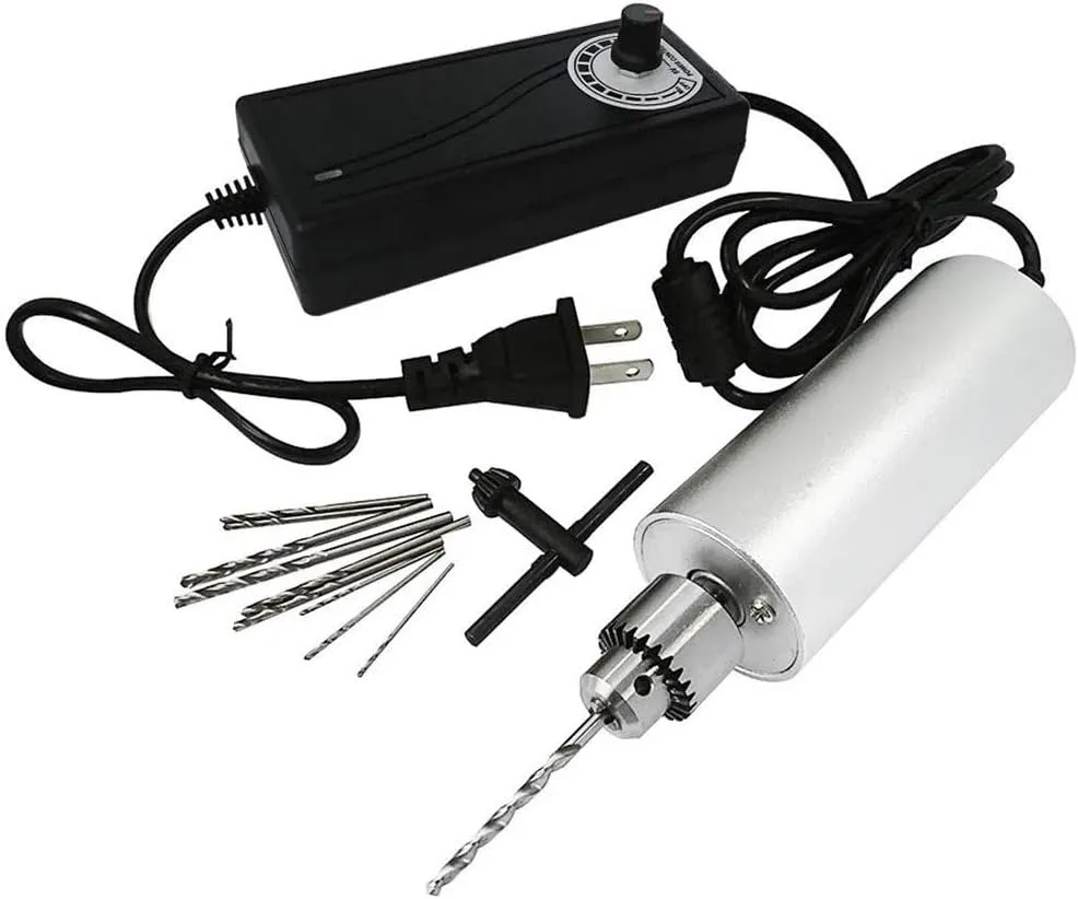 Yakamoz 0.3mm - 4mm Adjustable Micro Mini Electric Hand Drill Aluminum Portable Handheld Drill for DIY PCB with 5A DC5V-12V Power Supply Control | 10pcs Micro Drill Bits Included