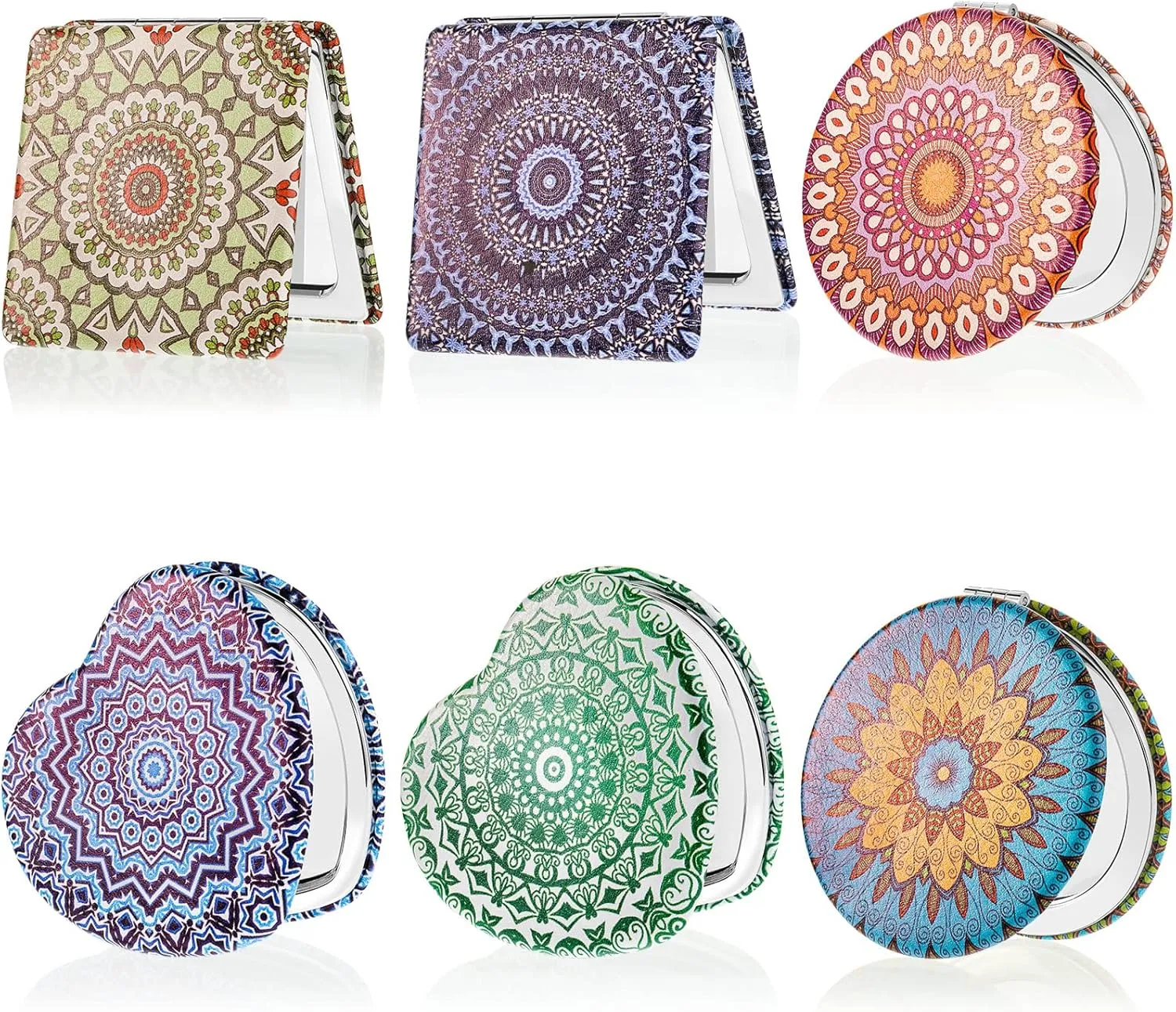 Yalikop Mandala Design Pocket Mirror Mini Travel Makeup Purse Compact Accessories Beauty Magnifying Double Sides Pocket Mirror Portable Handheld Folding PU Leather Supply for Women(6 Pieces)