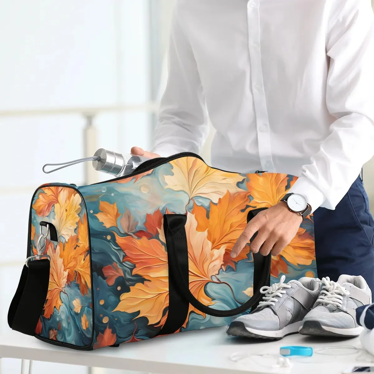 Yellow Maple Leaves Travel Duffel Bag for Women Men Waterproof Foldable Overnight Weekender Bag Large Capacity Sports Gym Bag