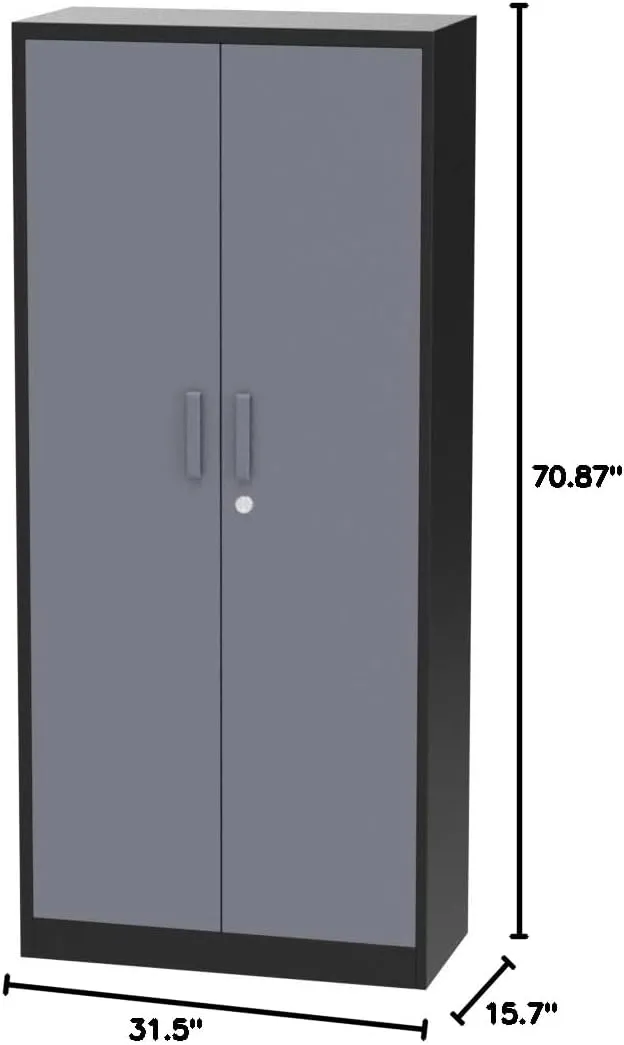 Yizosh Metal Garage Storage Cabinet with 2 Doors and 5 Adjustable Shelves - 71" Steel Lockable File Cabinet,Locking Tool Cabinets for Office,Home,Garage,Gym,School (Gray Black)
