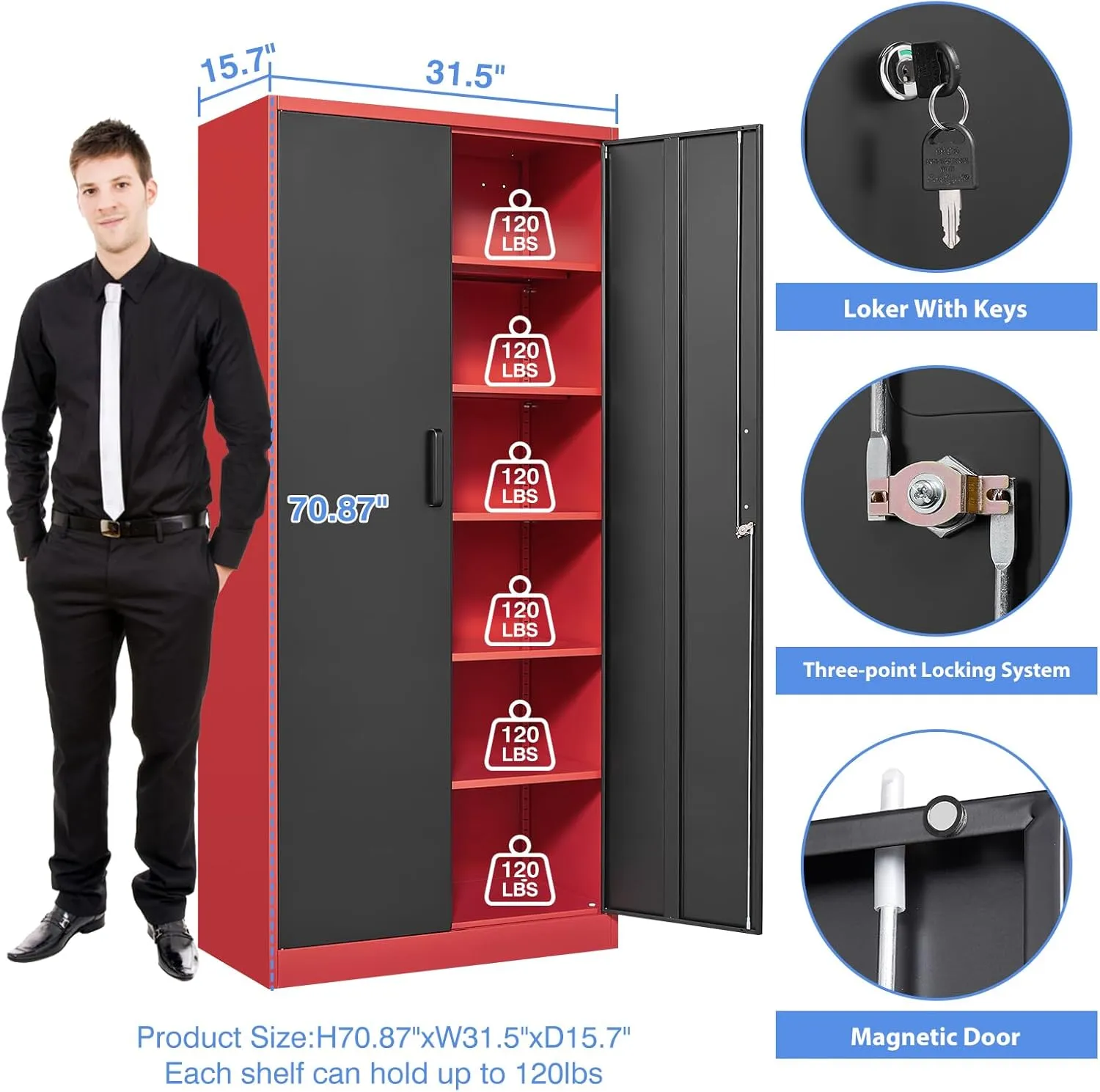 Yizosh Metal Garage Storage Cabinet with 2 Doors and 5 Adjustable Shelves - 71" Steel Lockable File Cabinet,Locking Tool Cabinets for Office,Home,Garage,Gym,School (Red Black)