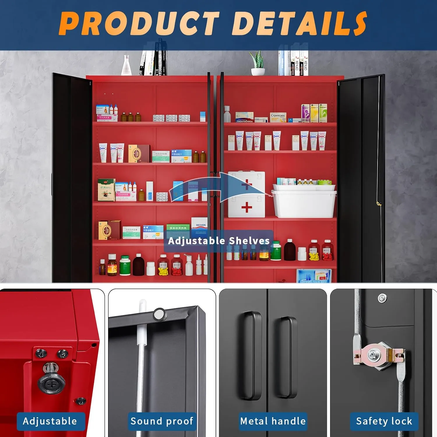 Yizosh Metal Garage Storage Cabinet with 2 Doors and 5 Adjustable Shelves - 71" Steel Lockable File Cabinet,Locking Tool Cabinets for Office,Home,Garage,Gym,School (Red Black)