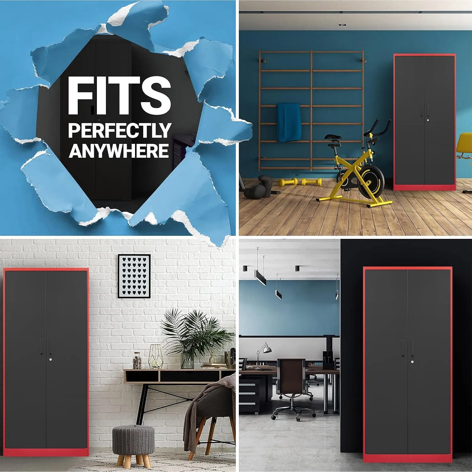 Yizosh Metal Garage Storage Cabinet with 2 Doors and 5 Adjustable Shelves - 71" Steel Lockable File Cabinet,Locking Tool Cabinets for Office,Home,Garage,Gym,School (Red Black)