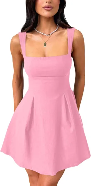 YMDUCH Women's Sexy Sleeveless Square Neck Adjustable Straps Bow Tie A-line Mini Party Club Dress