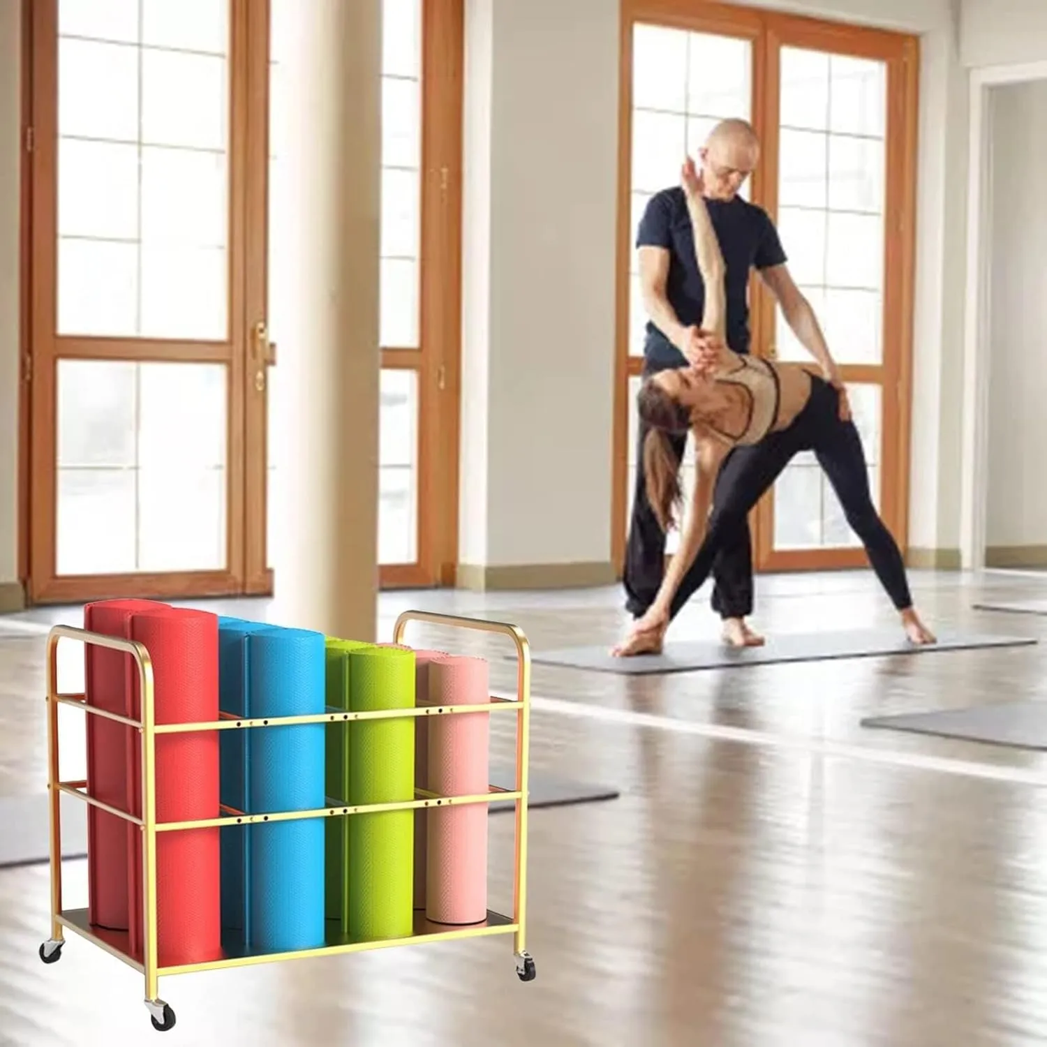 Yoga Mat Storage Cart, Foam Roller Organizer with Lockable Wheels, Fitness Equipment Trolley for Home Gym, 12 Mats Capacity (White)