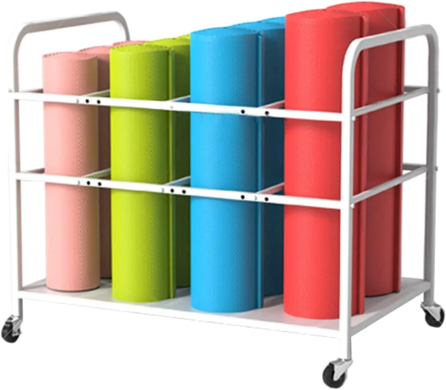 Yoga Mat Storage Cart, Foam Roller Organizer with Lockable Wheels, Fitness Equipment Trolley for Home Gym, 12 Mats Capacity (White)