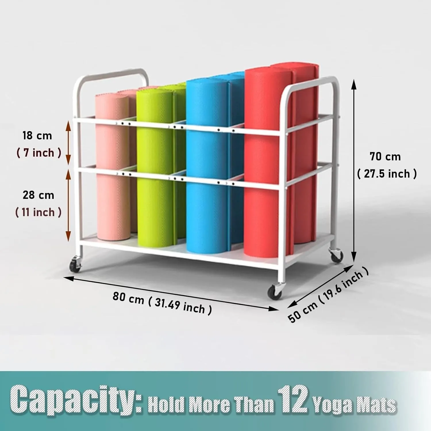 Yoga Mat Storage Cart, Foam Roller Organizer with Lockable Wheels, Fitness Equipment Trolley for Home Gym, 12 Mats Capacity (White)