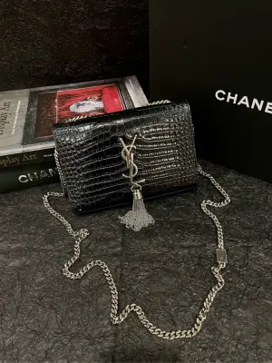 YSL Black Silver Crocodile Embossed Kate Tassel Bag Shoulder Bag