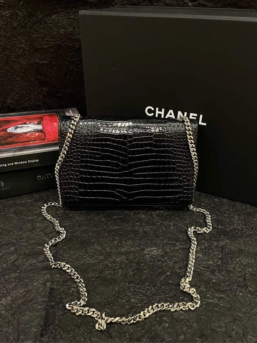 YSL Black Silver Crocodile Embossed Kate Tassel Bag Shoulder Bag