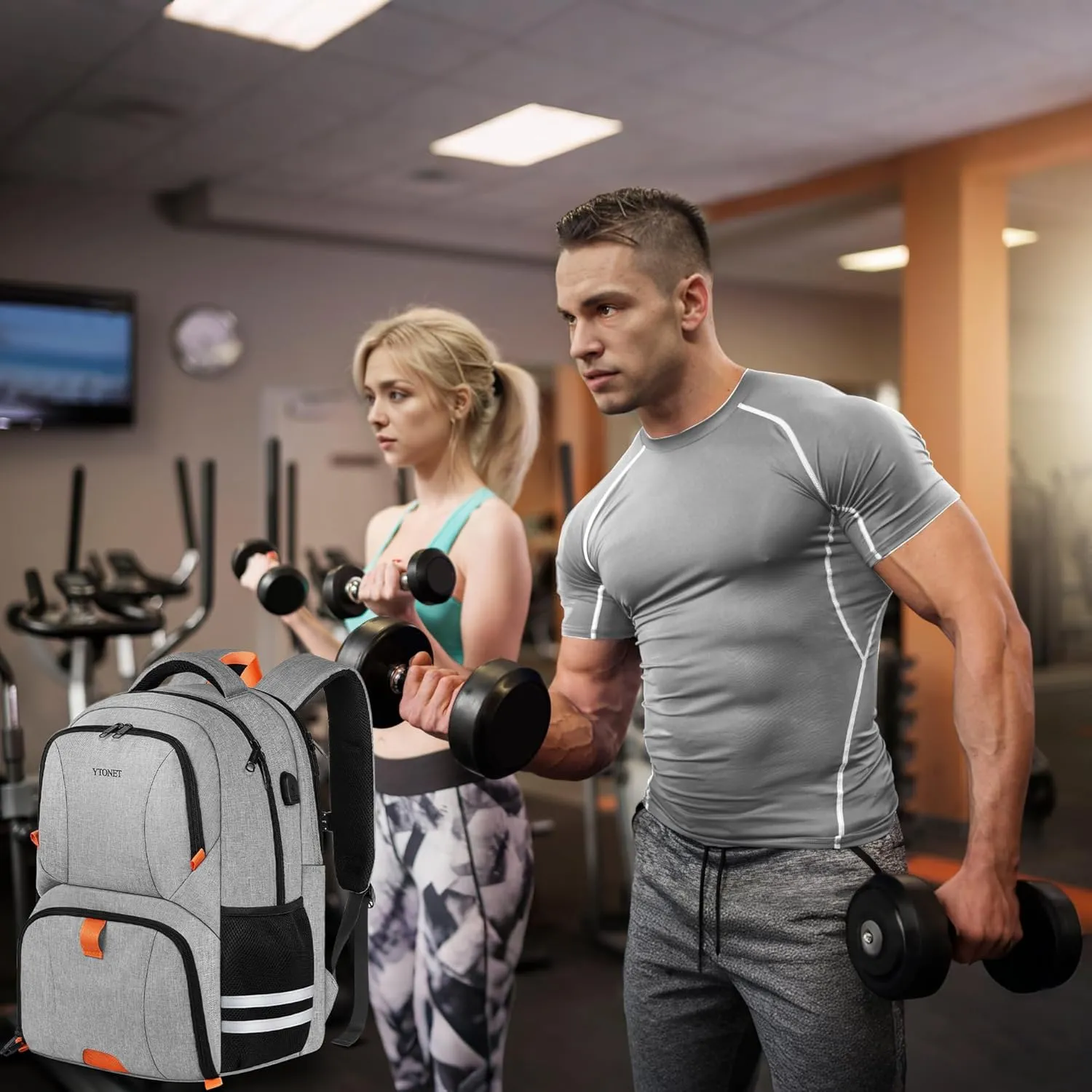 Ytonet Gym Backpack For Men Women, Backpack for Men with Shoe Compartment, Water Resistant Workout Sports Bag with USB Port Fit 15.6 Inch Laptop, Gym, Sports, Camping, Hiking, Grey