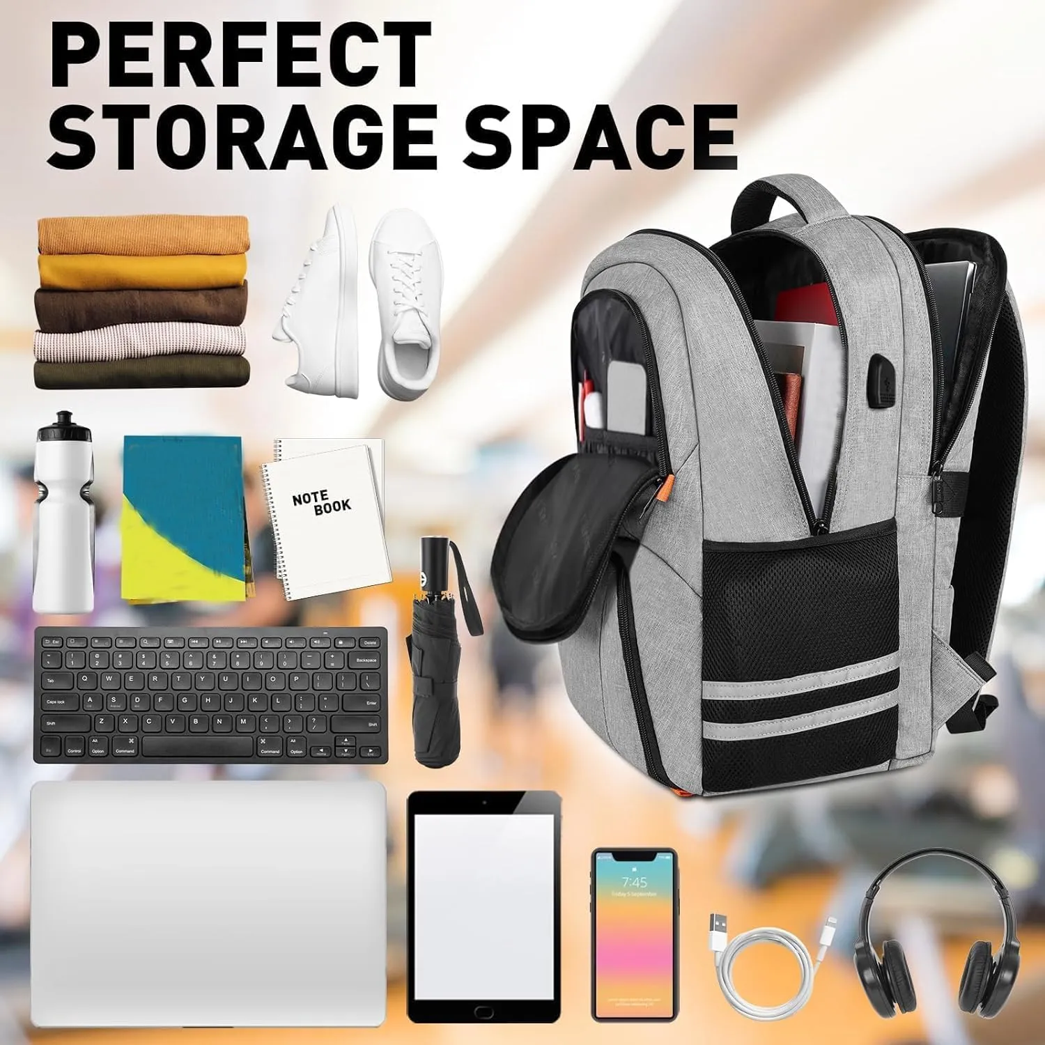 Ytonet Gym Backpack For Men Women, Backpack for Men with Shoe Compartment, Water Resistant Workout Sports Bag with USB Port Fit 15.6 Inch Laptop, Gym, Sports, Camping, Hiking, Grey
