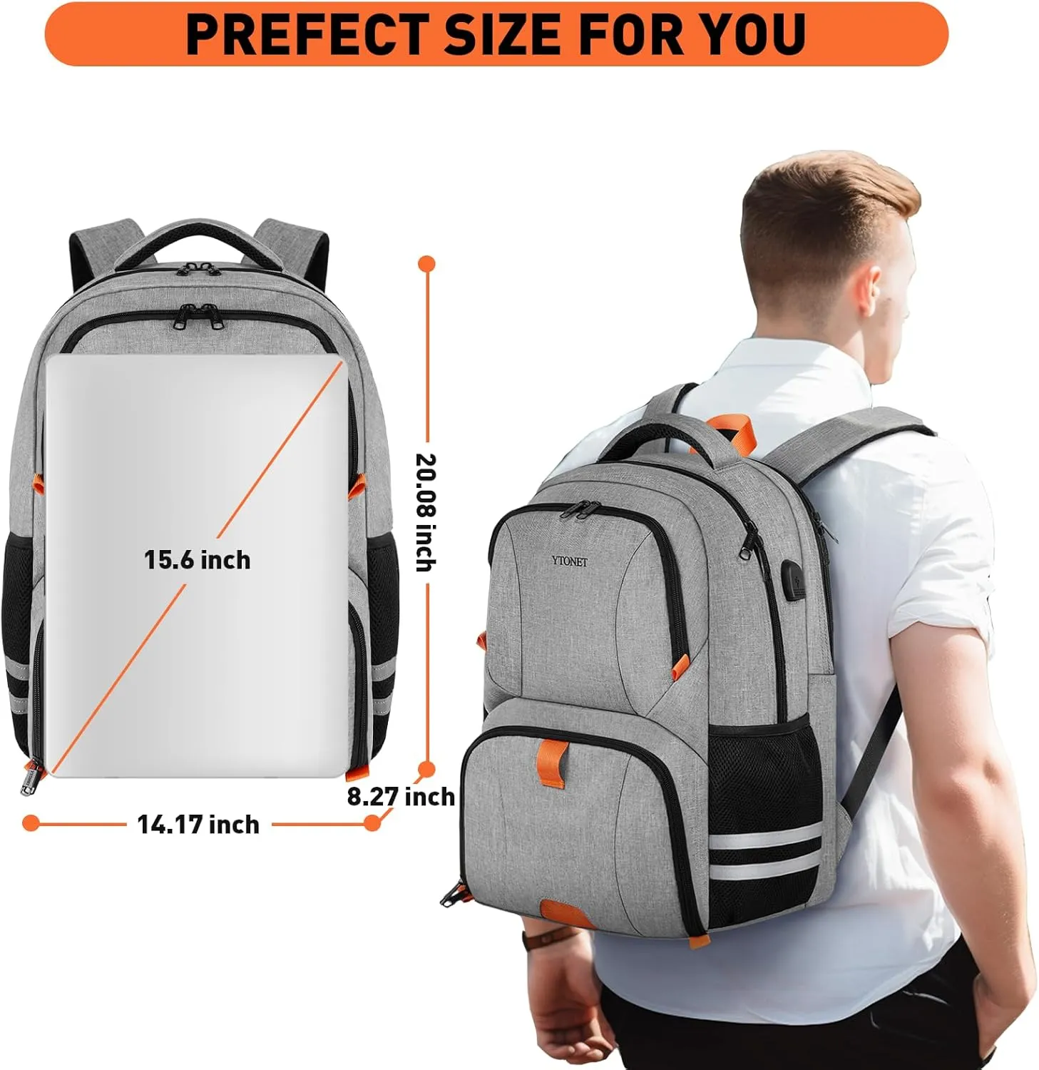 Ytonet Gym Backpack For Men Women, Backpack for Men with Shoe Compartment, Water Resistant Workout Sports Bag with USB Port Fit 15.6 Inch Laptop, Gym, Sports, Camping, Hiking, Grey