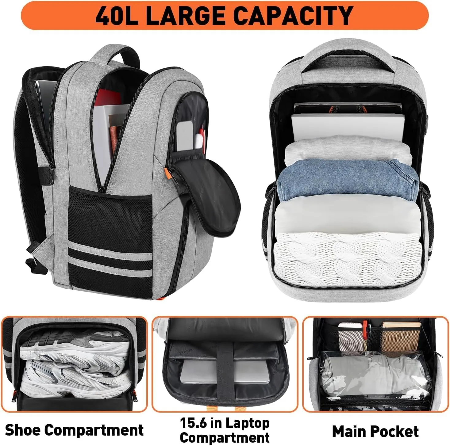 Ytonet Gym Backpack For Men Women, Backpack for Men with Shoe Compartment, Water Resistant Workout Sports Bag with USB Port Fit 15.6 Inch Laptop, Gym, Sports, Camping, Hiking, Grey