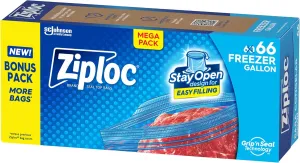 Ziploc Gallon Food Storage Freezer Bags, Stay Open Design with Stand-Up Bottom, Easy to Fill, 66 Bags Total